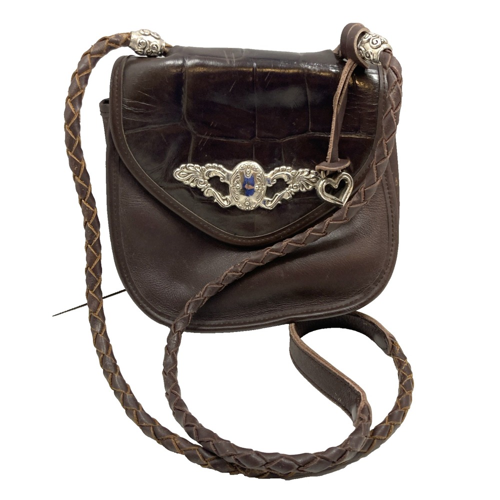 Vtg‎ Brighton Brown Croc Embossed Flap Leather Purse  Crossbody Shoulder Bag